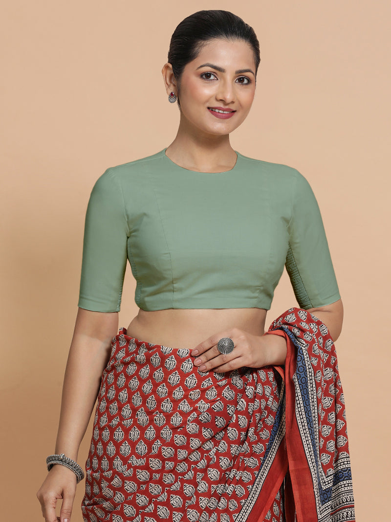 Lara x Rozaana | Jewel Neck Saree Blouse in Peppermint Green Linen-Binks