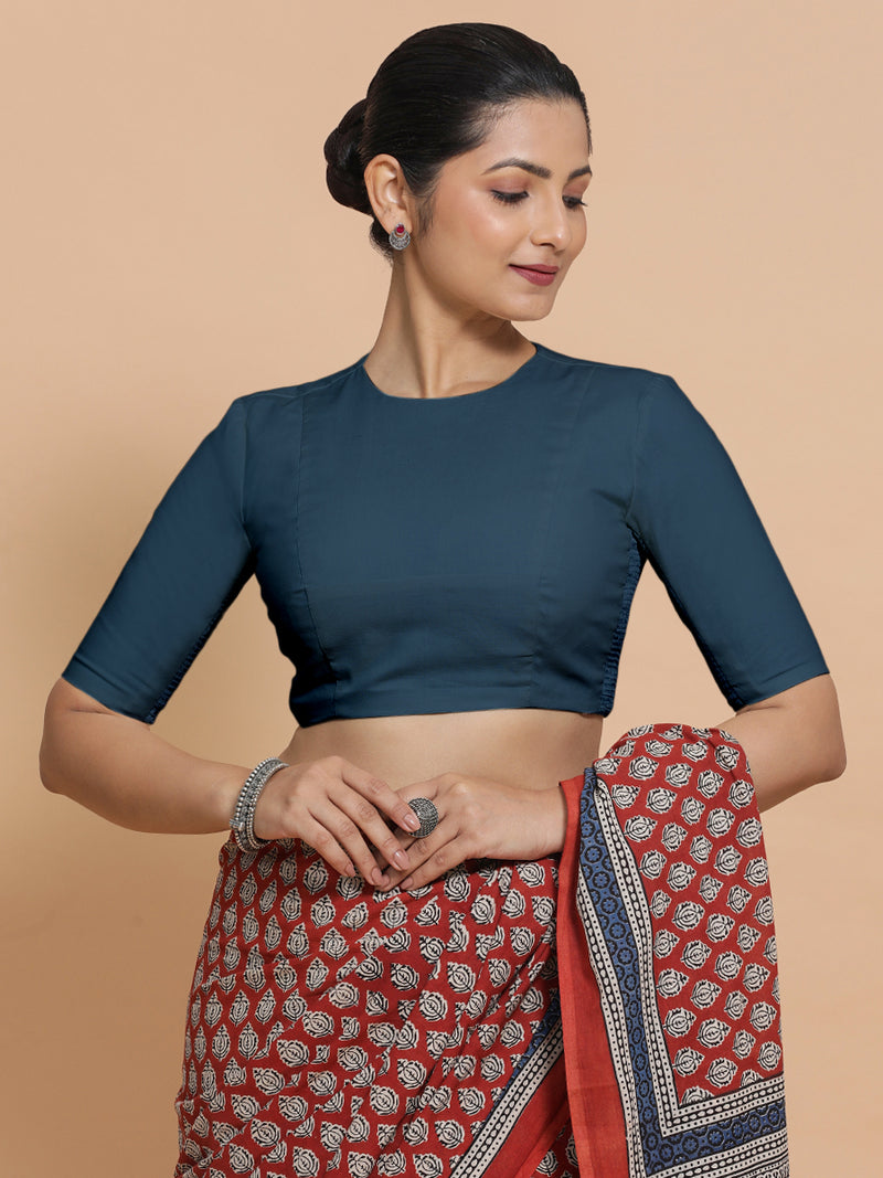 Lara x Rozaana | Jewel Neck Saree Blouse in Regal Blue Linen-Binks