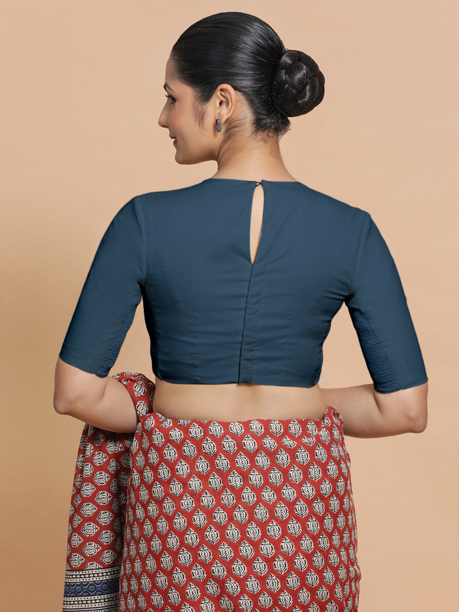 Lara x Rozaana Saree Blouse, in Blue Linen, featuring elbow sleeves and jewel neckline, made for daily & work (view 2).