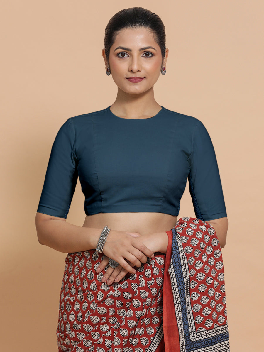 Lara x Rozaana Saree Blouse, in Blue Linen, featuring elbow sleeves and jewel neckline, made for daily & work (view 6).