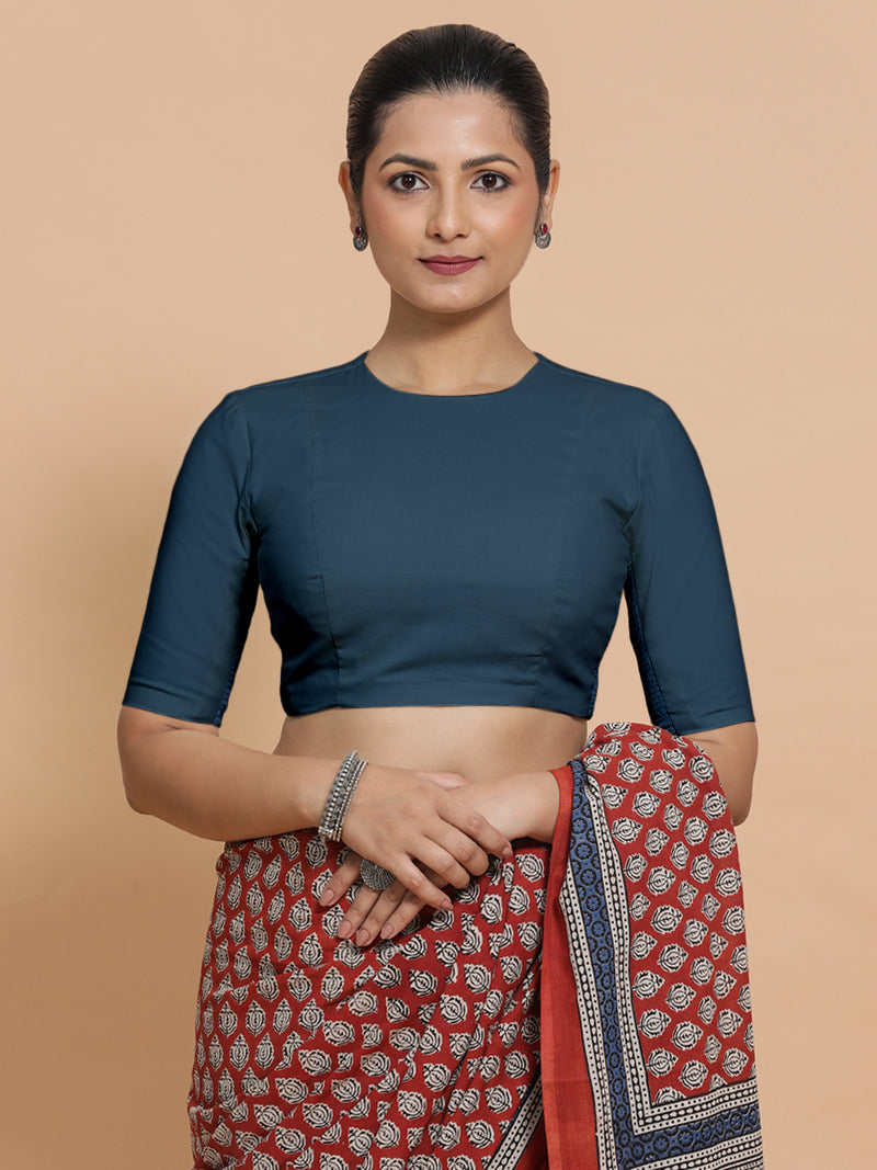 Lara x Rozaana | Jewel Neck Saree Blouse in Regal Blue Linen-Binks