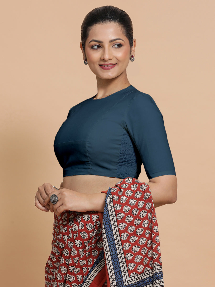 Lara x Rozaana Saree Blouse, in Blue Linen, featuring elbow sleeves and jewel neckline, made for daily & work (view 7).
