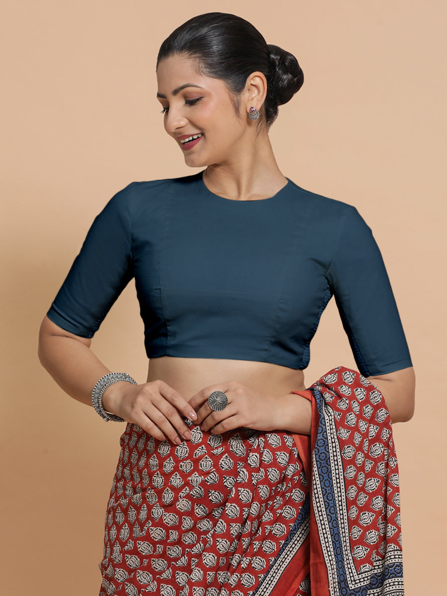 Lara x Rozaana Saree Blouse, in Blue Linen, featuring elbow sleeves and jewel neckline, made for daily & work (view 8).