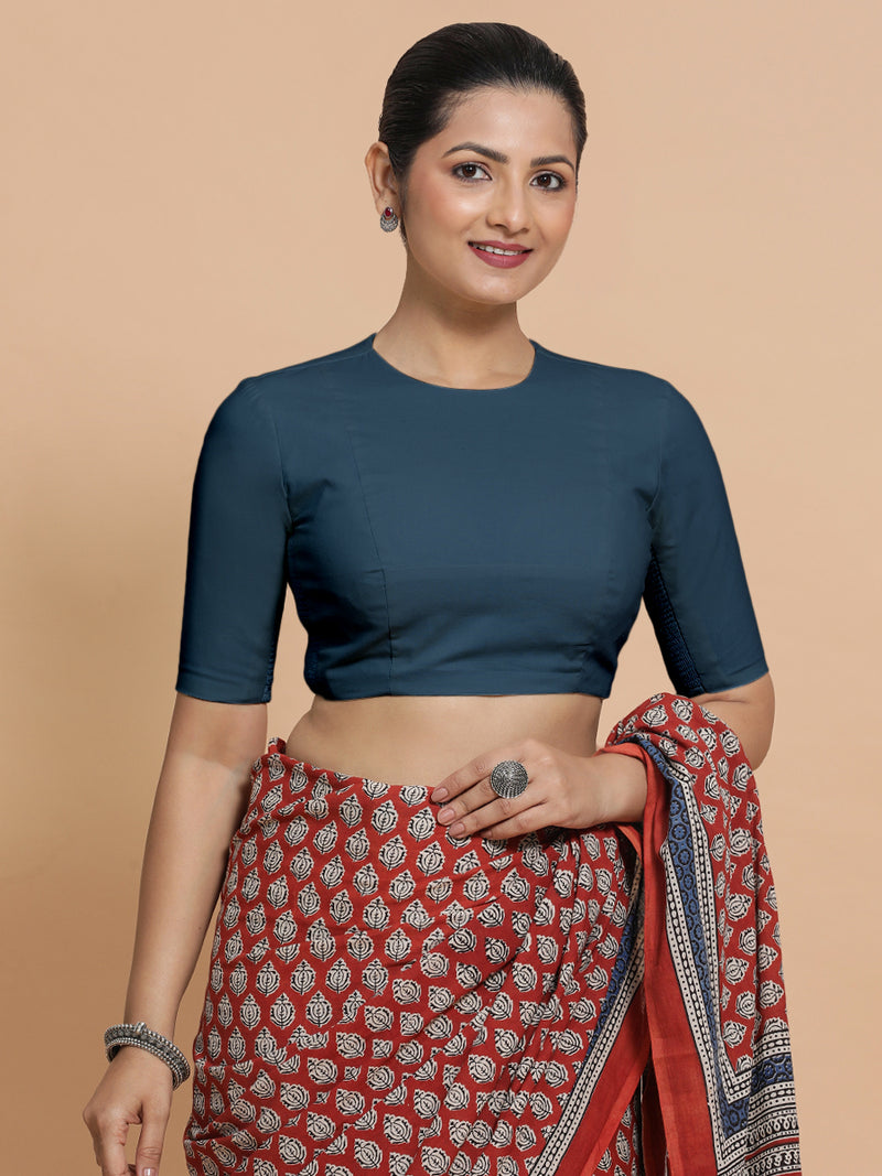 Lara x Rozaana | Jewel Neck Saree Blouse in Regal Blue Linen-Binks