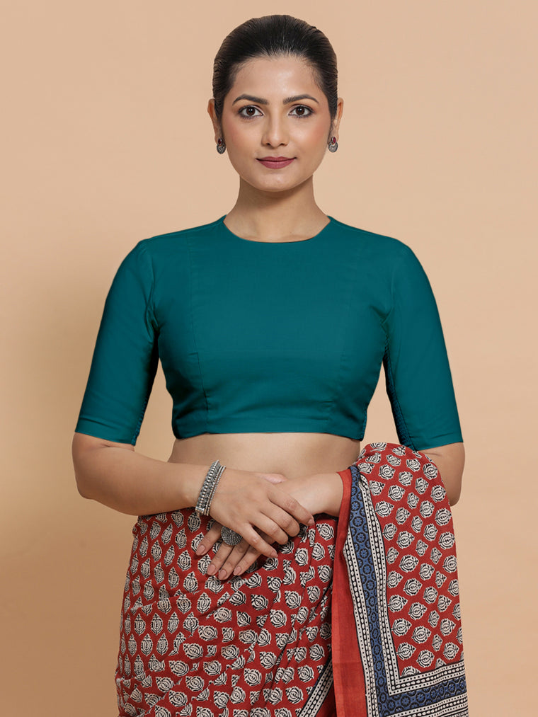 Lara x Rozaana Saree Blouse, in Blue Linen, featuring elbow sleeves and jewel neckline, made for daily & work.
