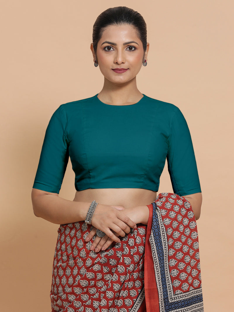 Lara x Rozaana | Jewel Neck Saree Blouse in Teal Blue Linen-Binks