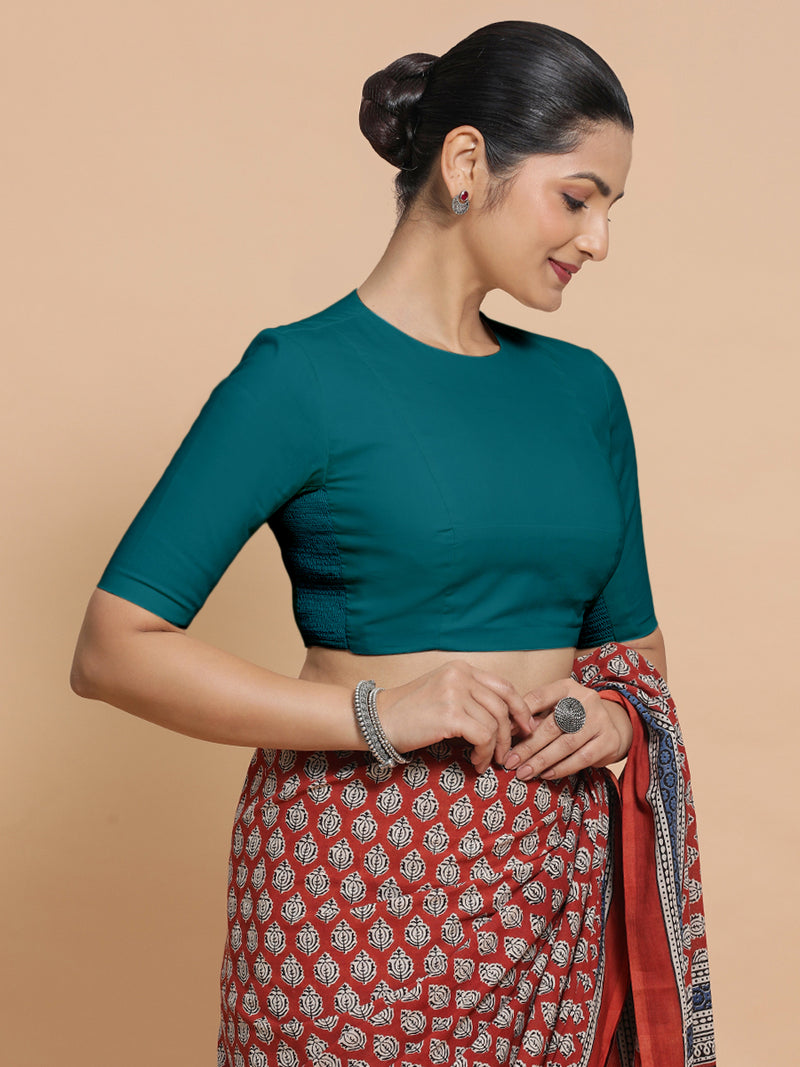 Lara x Rozaana | Jewel Neck Saree Blouse in Teal Blue Linen-Binks