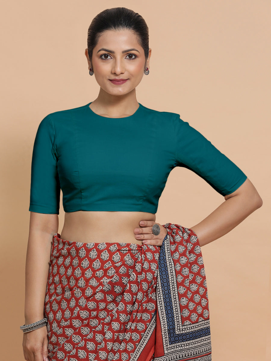 Lara x Rozaana Saree Blouse, in Blue Linen, featuring elbow sleeves and jewel neckline, made for daily & work (view 6).