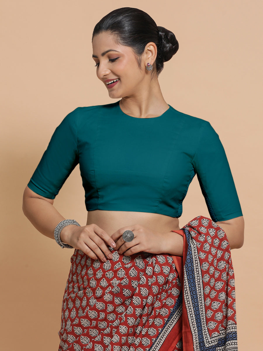 Lara x Rozaana Saree Blouse, in Blue Linen, featuring elbow sleeves and jewel neckline, made for daily & work (view 8).