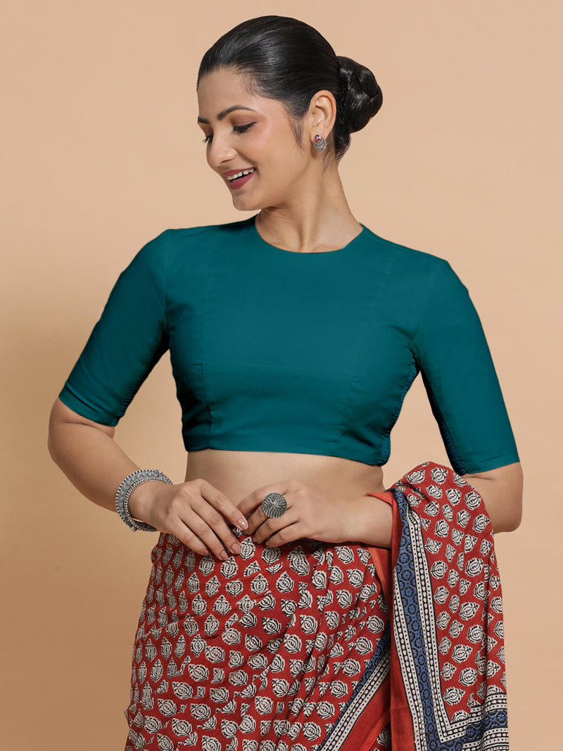 Lara x Rozaana | Jewel Neck Saree Blouse in Teal Blue Linen-Binks