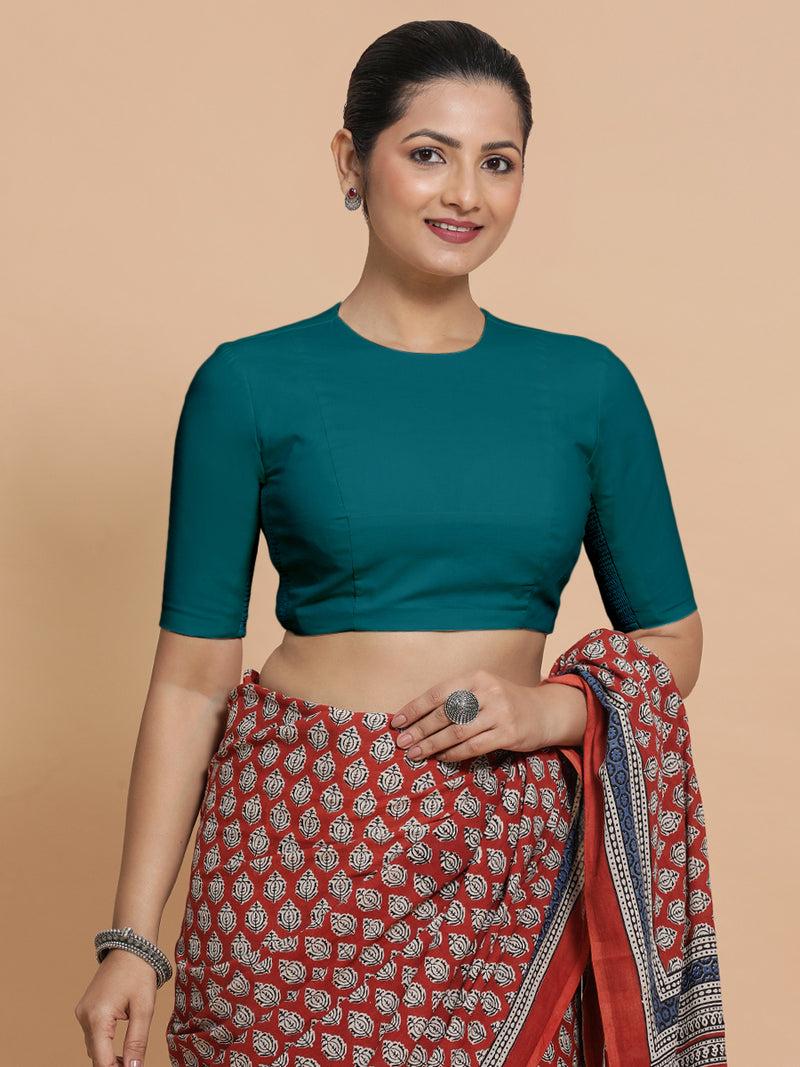 Lara x Rozaana | Jewel Neck Saree Blouse in Teal Blue Linen-Binks