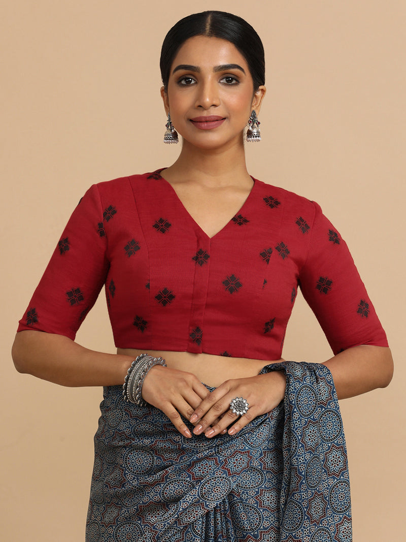 Lasya x Rozaana | Elbow Sleeves Saree Blouse in Red Jacquard Cotton-Binks