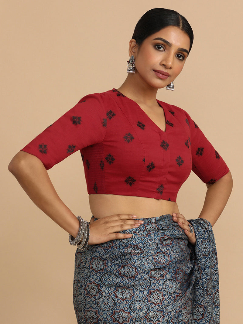 Lasya x Rozaana | Elbow Sleeves Saree Blouse in Red Jacquard Cotton-Binks