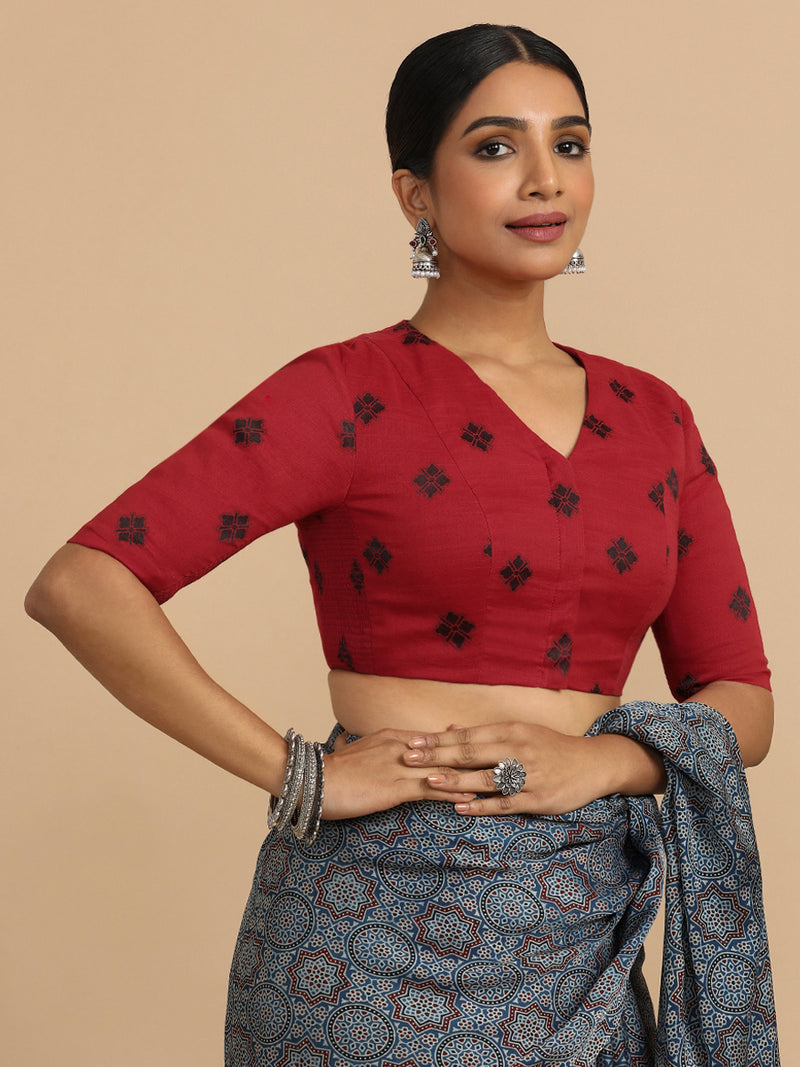 Lasya x Rozaana | Elbow Sleeves Saree Blouse in Red Jacquard Cotton-Binks