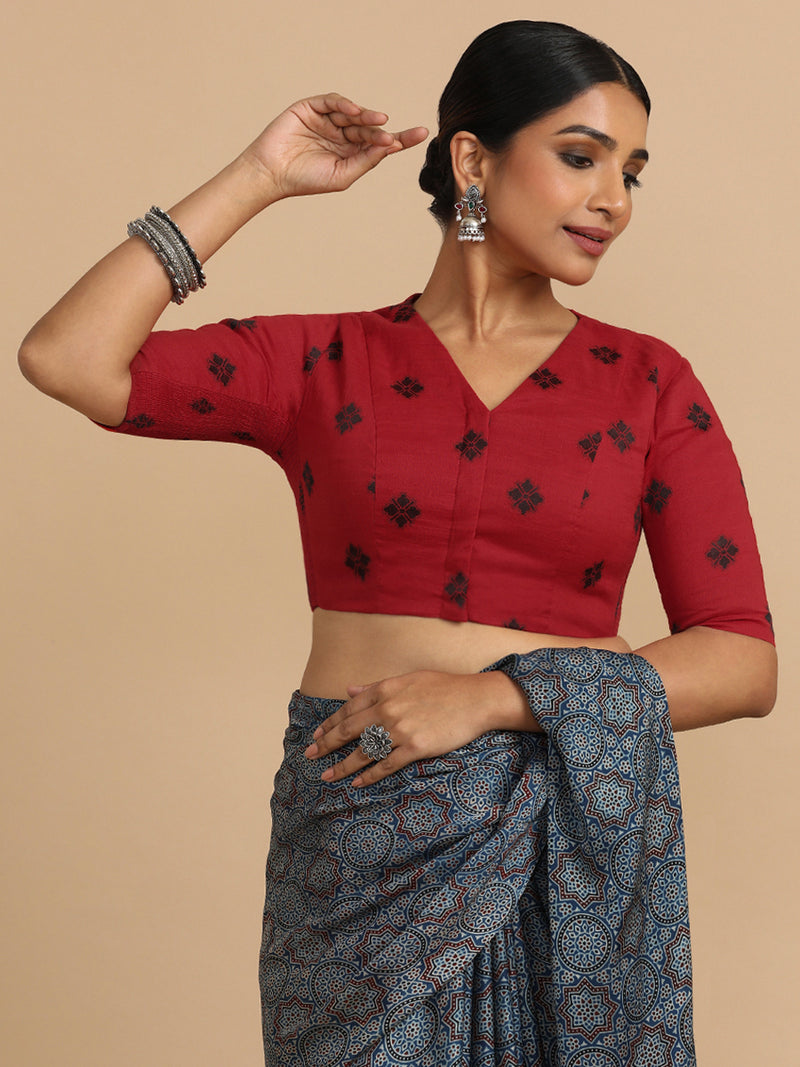 Lasya x Rozaana | Elbow Sleeves Saree Blouse in Red Jacquard Cotton-Binks