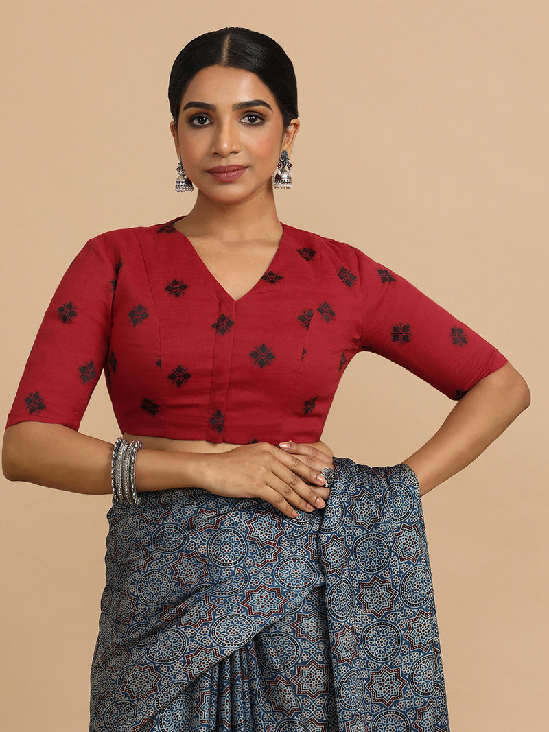 Lasya x Rozaana | Elbow Sleeves Saree Blouse in Red Jacquard Cotton-Binks