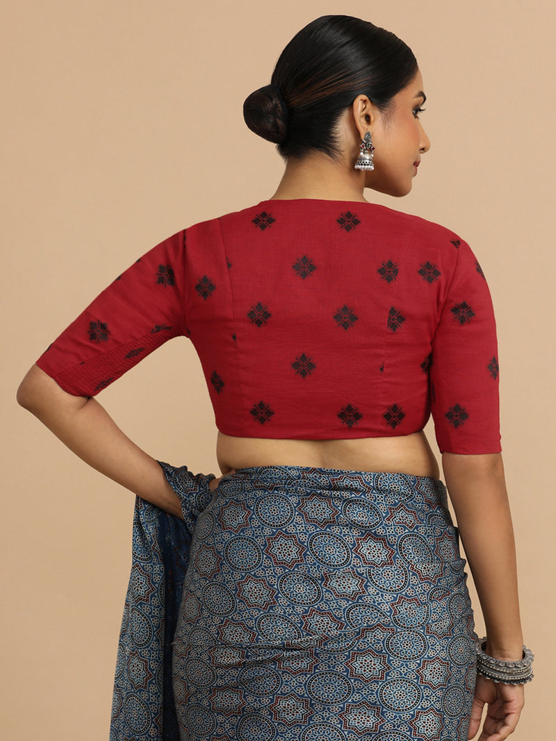 Lasya x Rozaana | Elbow Sleeves Saree Blouse in Red Jacquard Cotton-Binks
