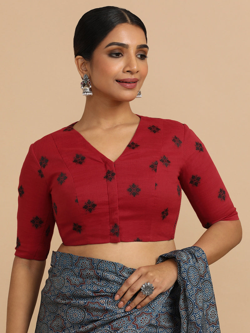 Lasya x Rozaana | Elbow Sleeves Saree Blouse in Red Jacquard Cotton-Binks