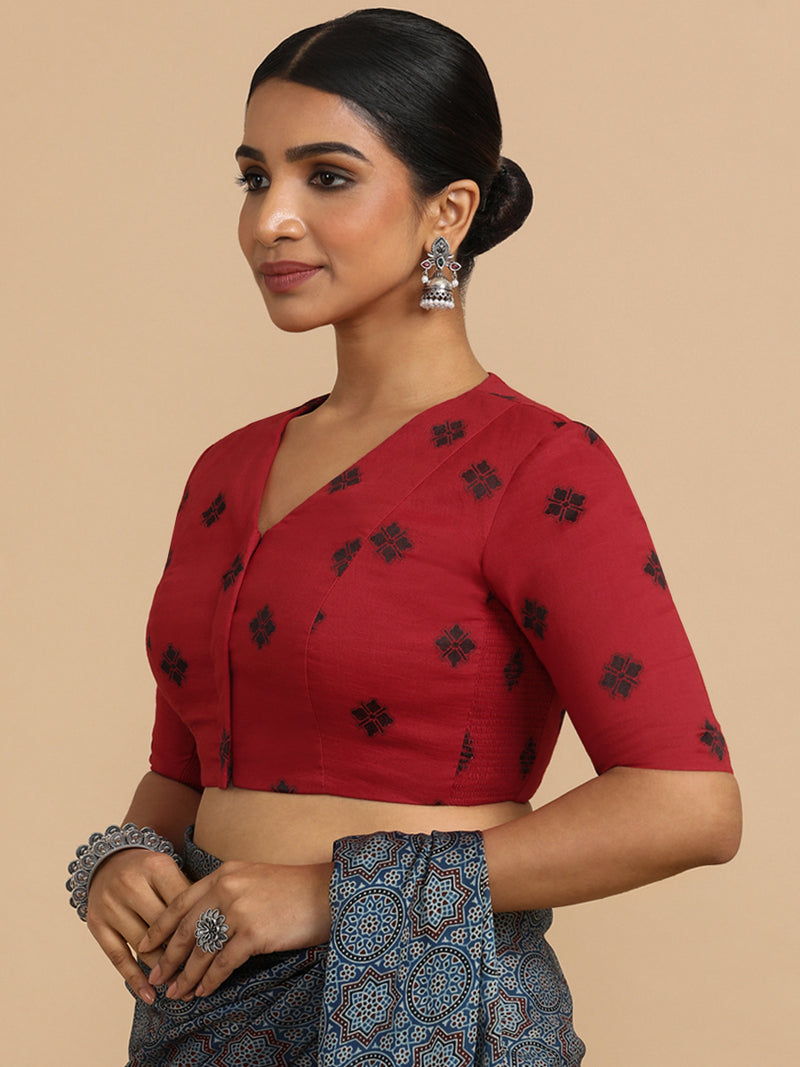 Lasya x Rozaana | Elbow Sleeves Saree Blouse in Red Jacquard Cotton-Binks