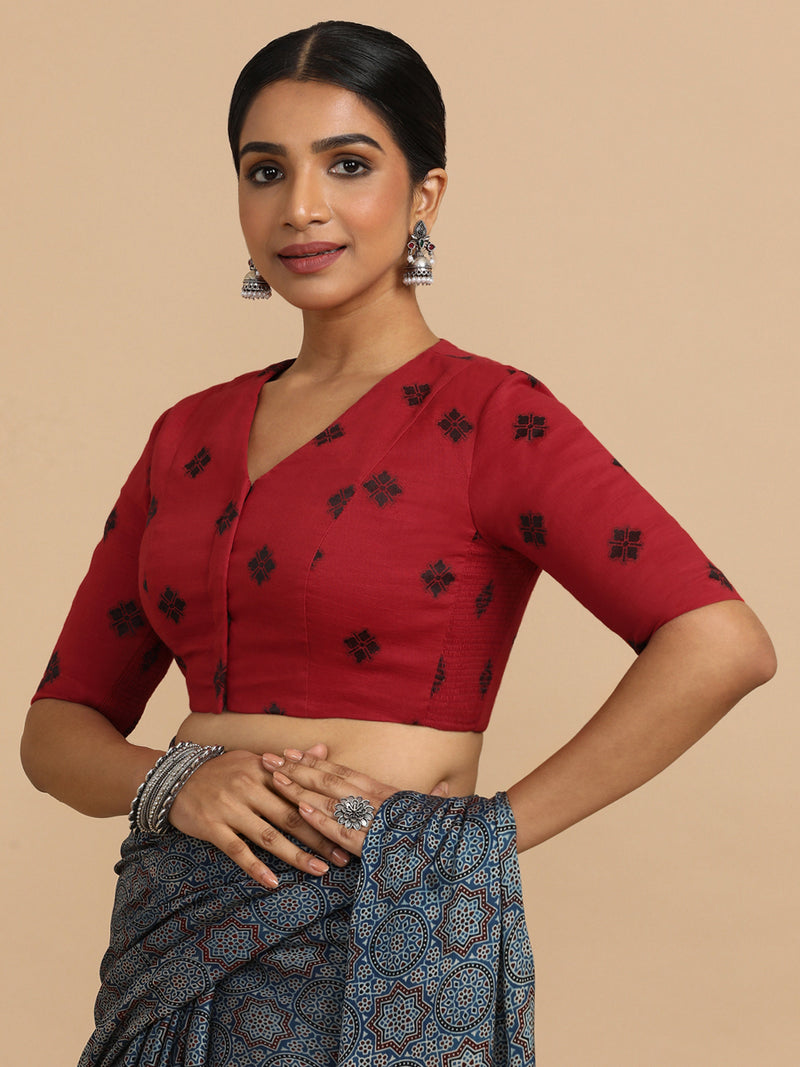 Lasya x Rozaana | Elbow Sleeves Saree Blouse in Red Jacquard Cotton-Binks