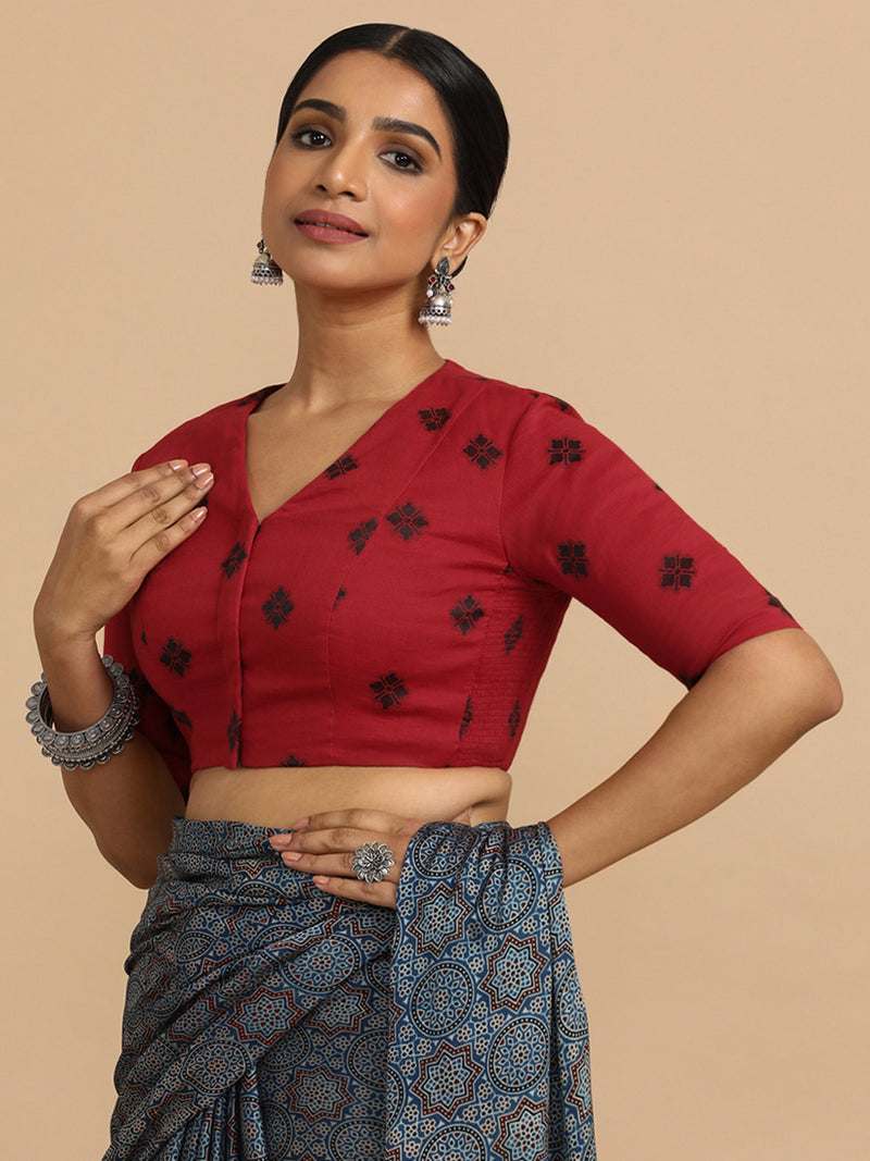 Lasya x Rozaana | Elbow Sleeves Saree Blouse in Red Jacquard Cotton-Binks