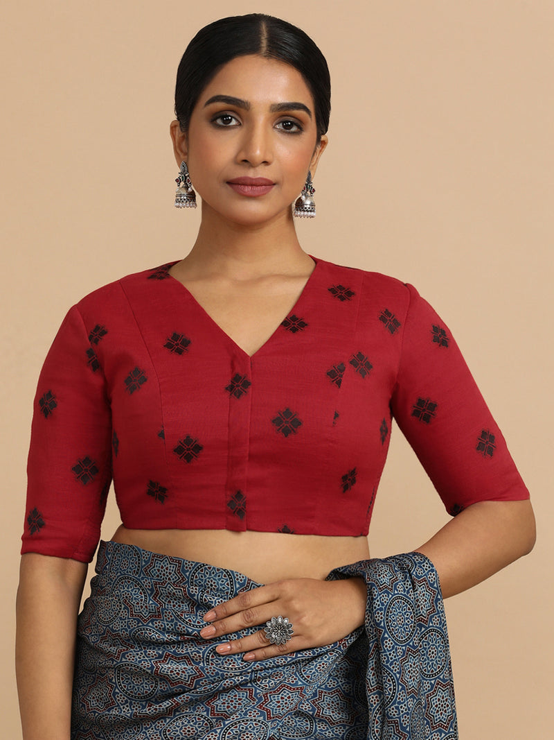 Lasya x Rozaana | Elbow Sleeves Saree Blouse in Red Jacquard Cotton-Binks