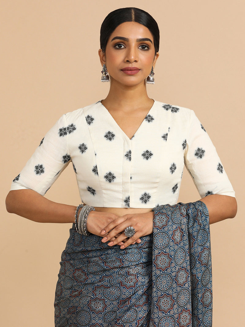 Lasya x Rozaana | Elbow Sleeves Saree Blouse in White Jacquard Cotton-Binks