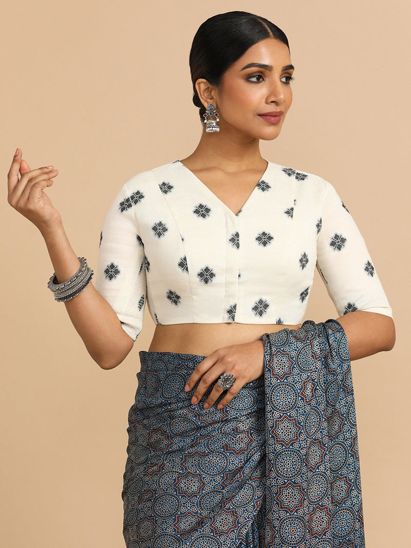 Lasya x Rozaana | Elbow Sleeves Saree Blouse in White Jacquard Cotton-Binks