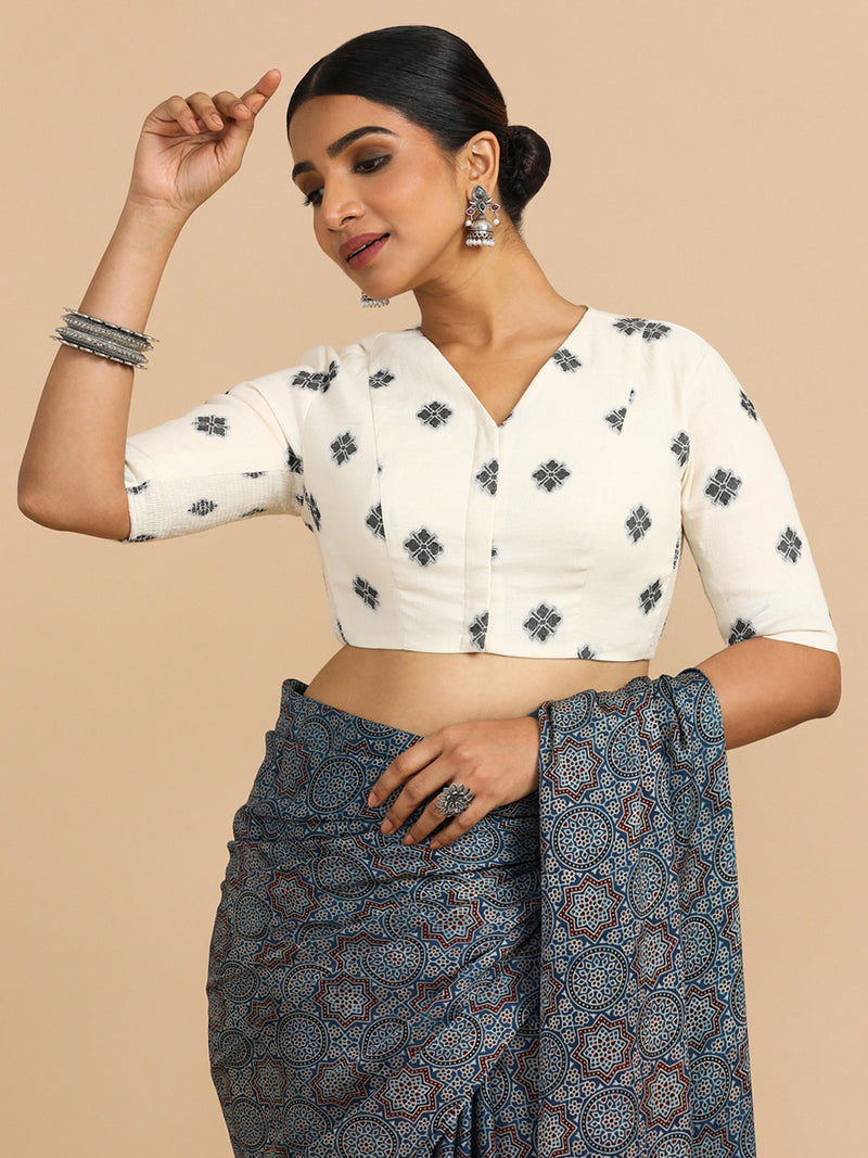 Lasya x Rozaana | Elbow Sleeves Saree Blouse in White Jacquard Cotton-Binks