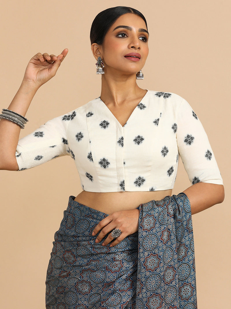 Lasya x Rozaana | Elbow Sleeves Saree Blouse in White Jacquard Cotton-Binks