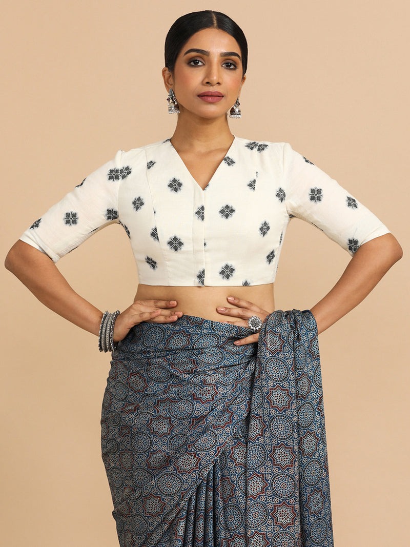Lasya x Rozaana | Elbow Sleeves Saree Blouse in White Jacquard Cotton-Binks