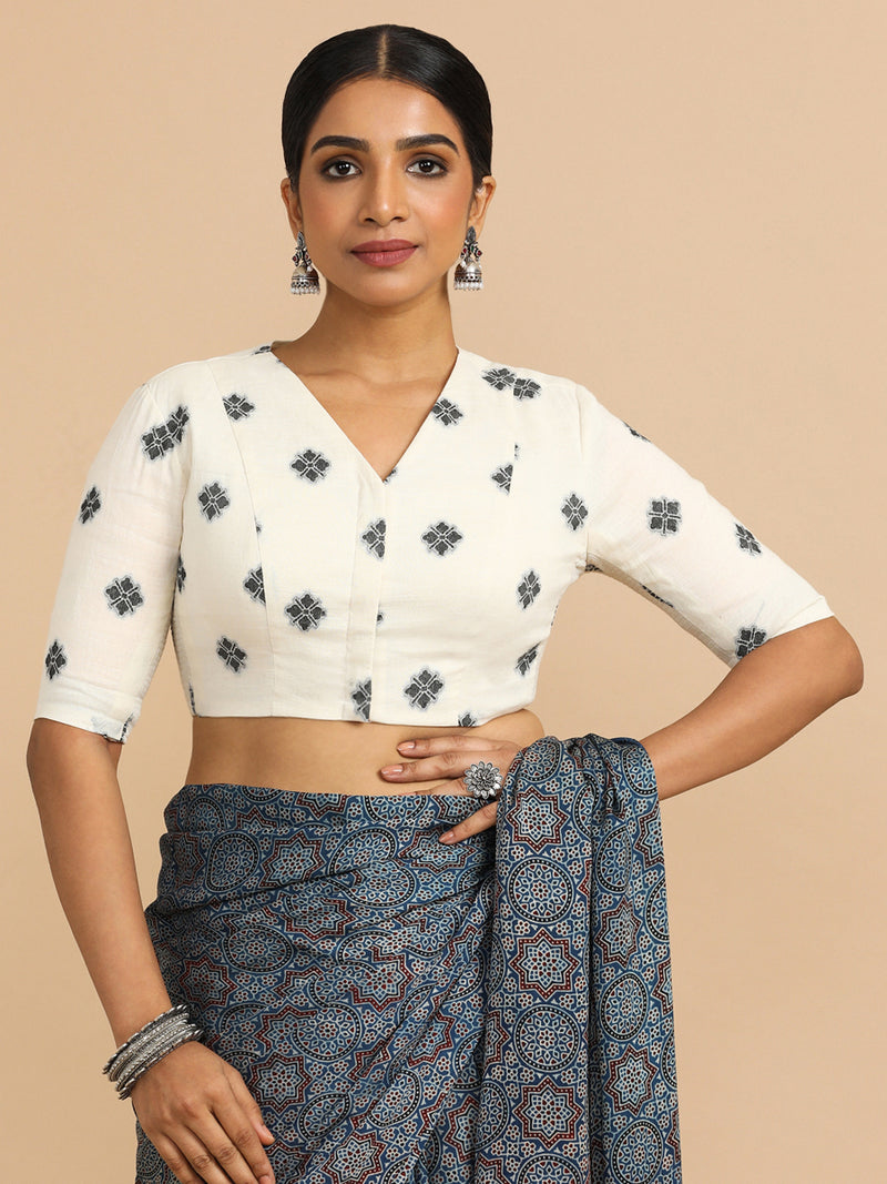Lasya x Rozaana | Elbow Sleeves Saree Blouse in White Jacquard Cotton-Binks