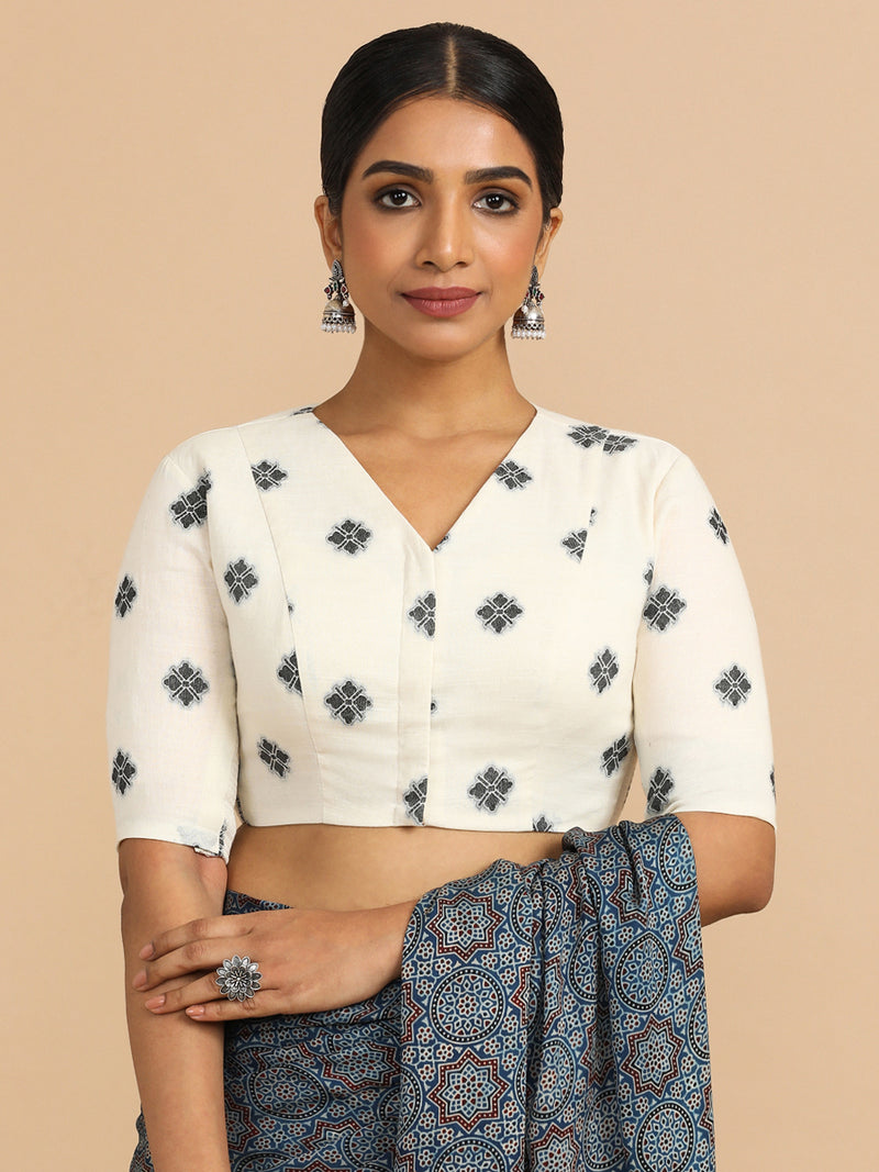 Lasya x Rozaana | Elbow Sleeves Saree Blouse in White Jacquard Cotton-Binks