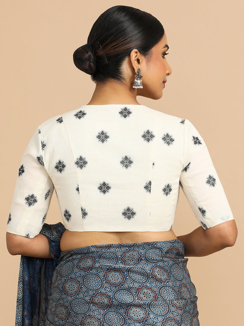 Lasya x Rozaana | Elbow Sleeves Saree Blouse in White Jacquard Cotton-Binks