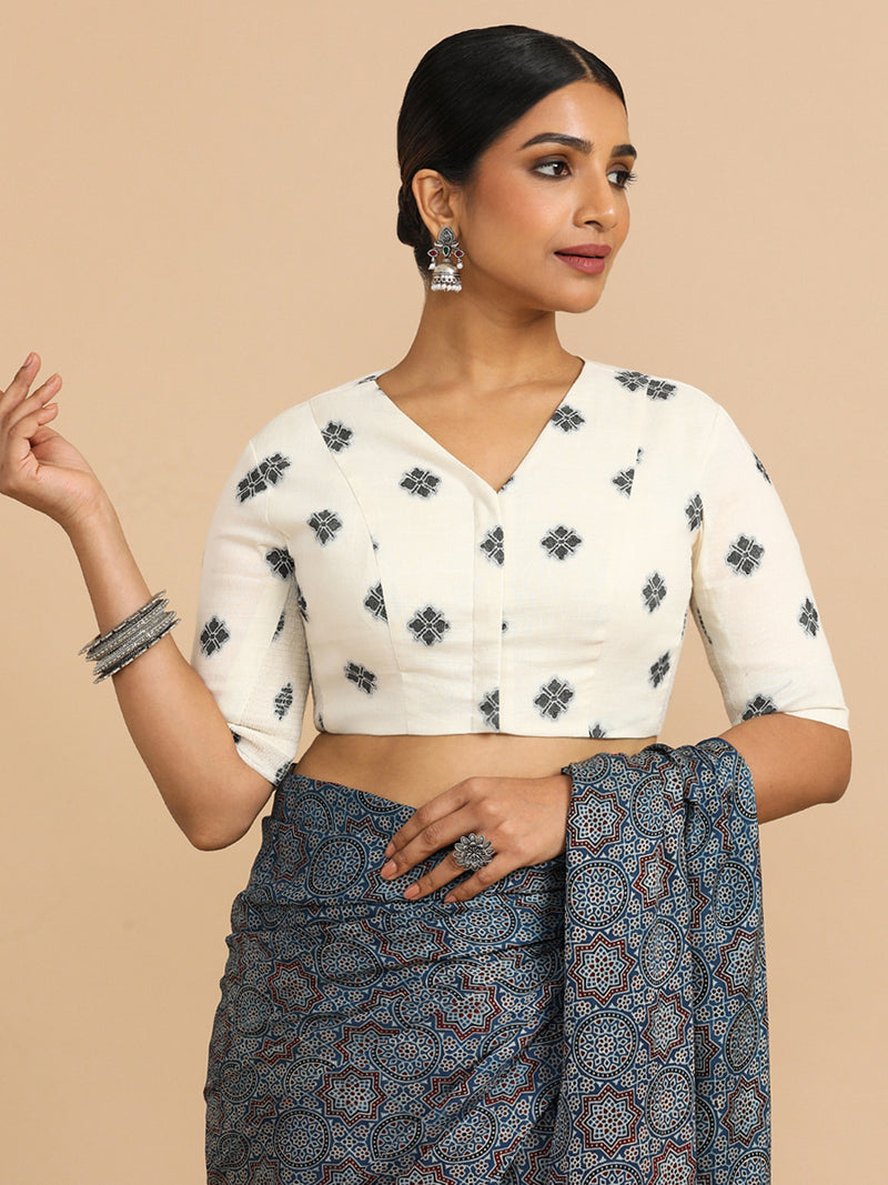 Lasya x Rozaana | Elbow Sleeves Saree Blouse in White Jacquard Cotton-Binks