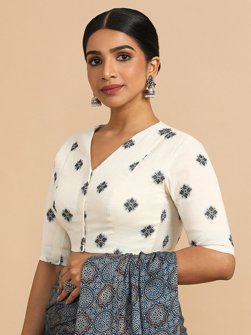 Lasya x Rozaana | Elbow Sleeves Saree Blouse in White Jacquard Cotton-Binks