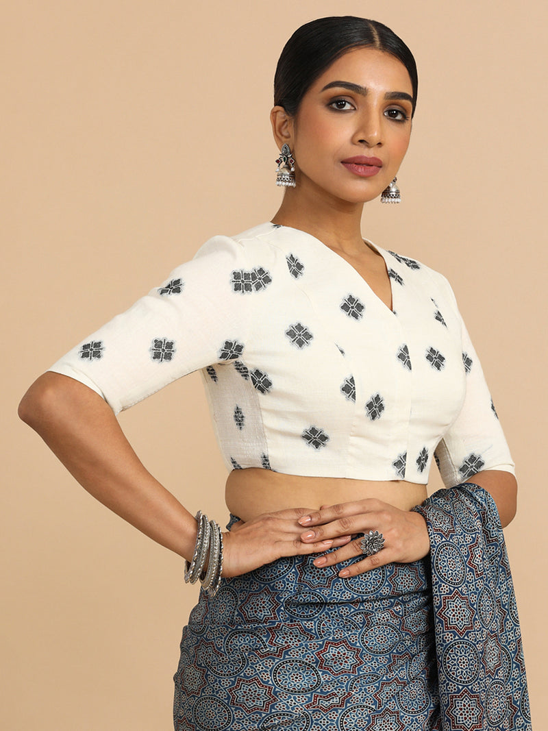 Lasya x Rozaana | Elbow Sleeves Saree Blouse in White Jacquard Cotton-Binks