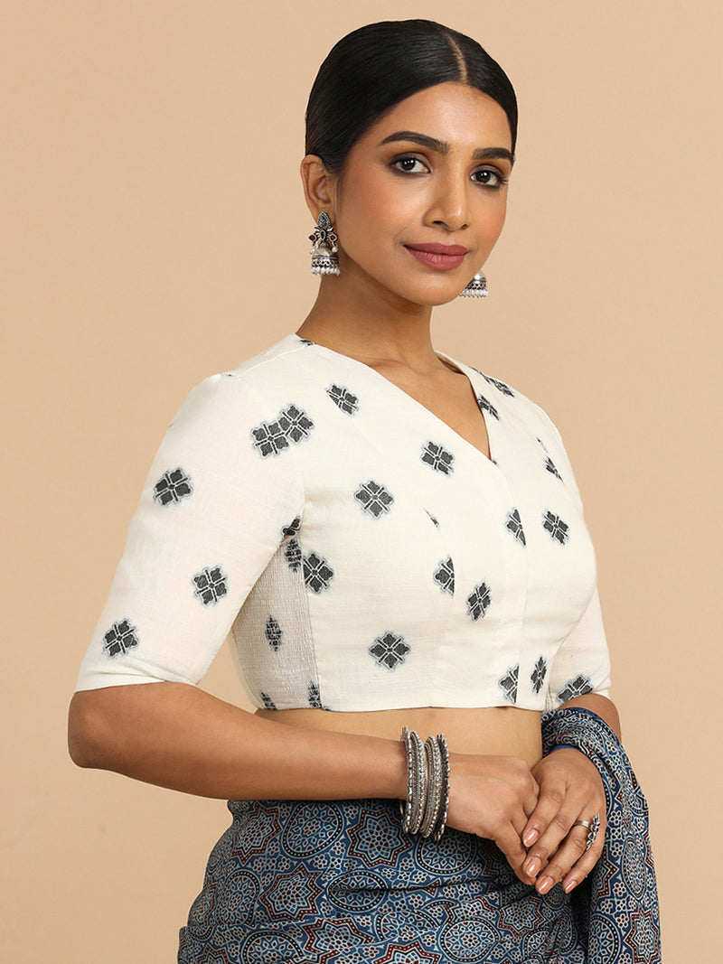 Lasya x Rozaana | Elbow Sleeves Saree Blouse in White Jacquard Cotton-Binks