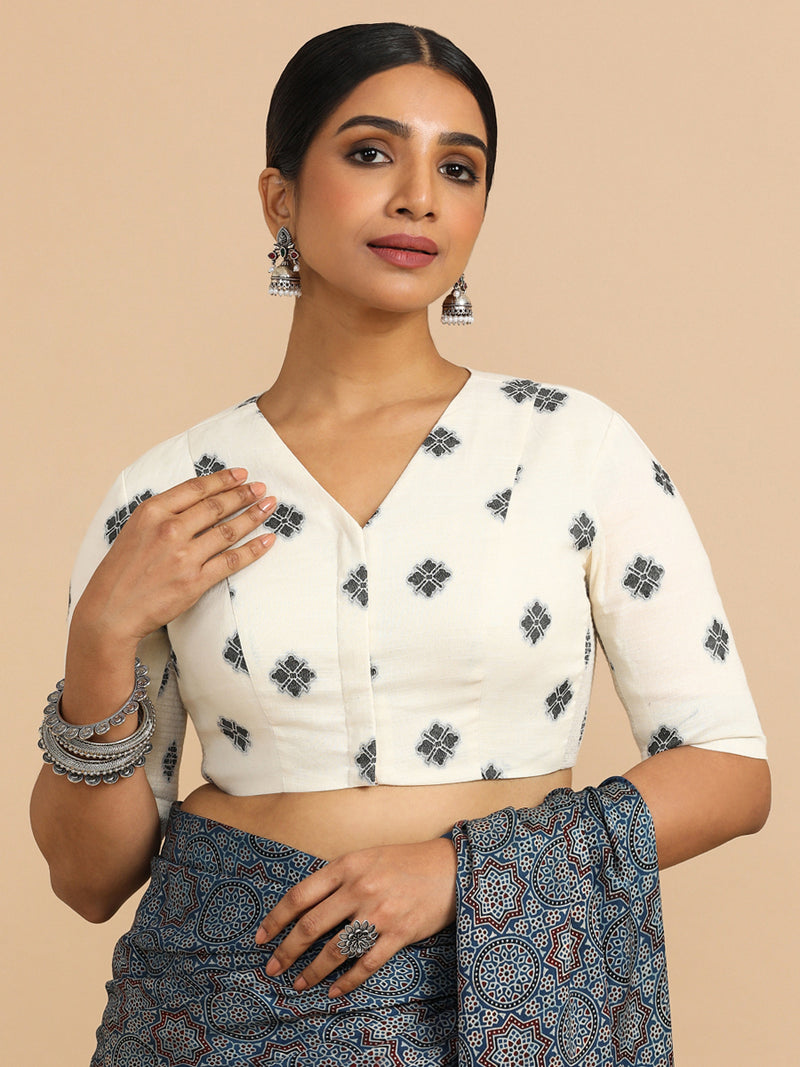 Lasya x Rozaana | Elbow Sleeves Saree Blouse in White Jacquard Cotton-Binks