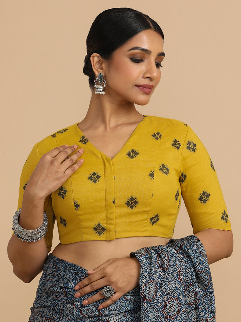Lasya x Rozaana | Elbow Sleeves Saree Blouse in Yellow Jacquard Cotton-Binks