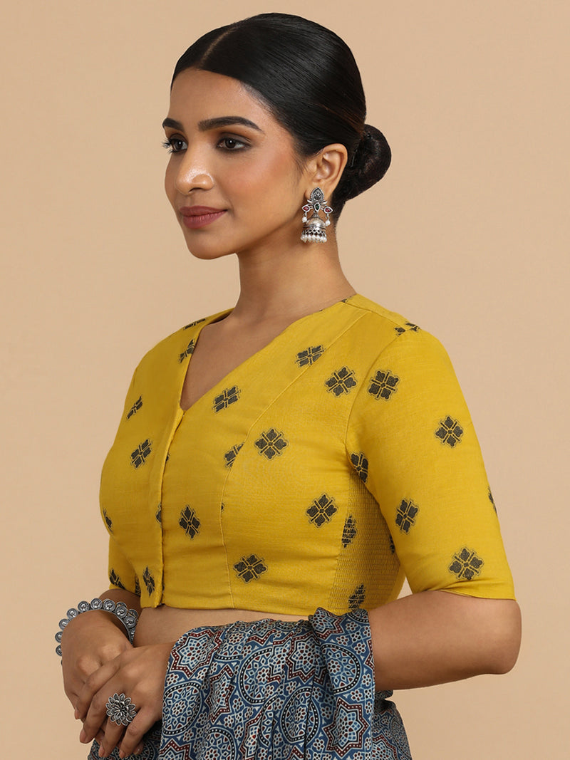 Lasya x Rozaana | Elbow Sleeves Saree Blouse in Yellow Jacquard Cotton-Binks