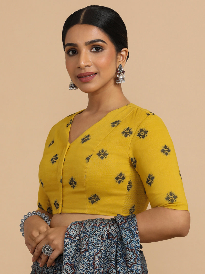 Lasya x Rozaana | Elbow Sleeves Saree Blouse in Yellow Jacquard Cotton-Binks