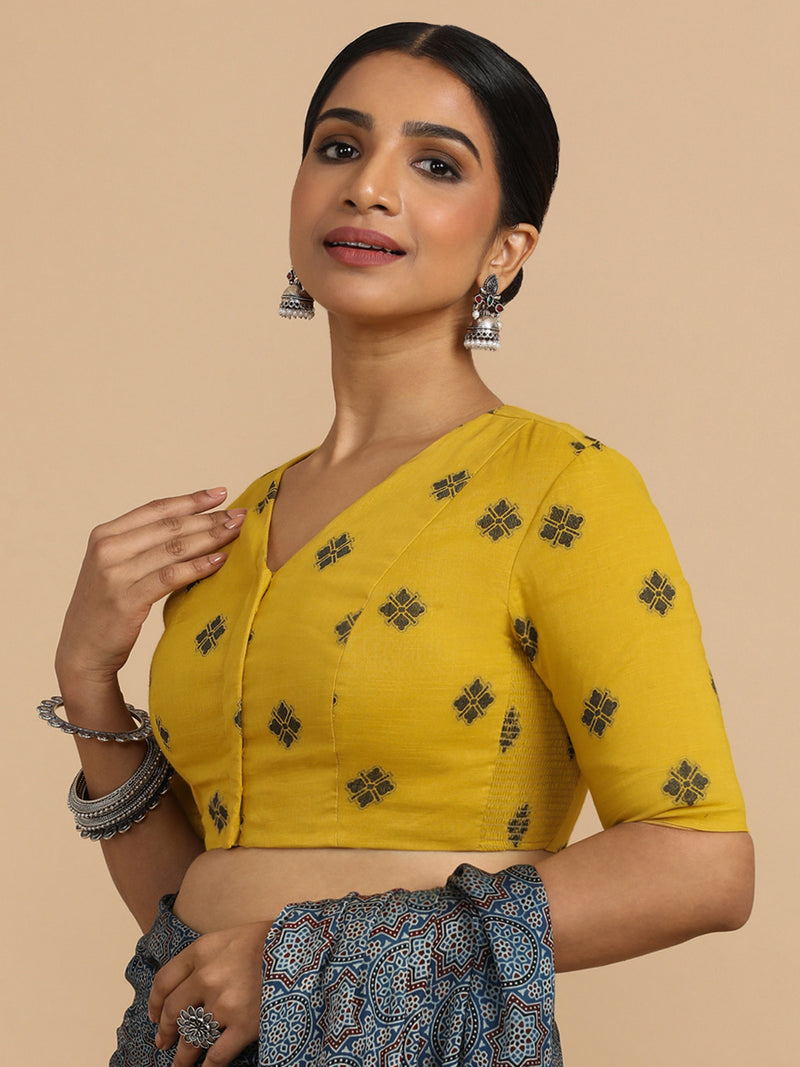 Lasya x Rozaana | Elbow Sleeves Saree Blouse in Yellow Jacquard Cotton-Binks