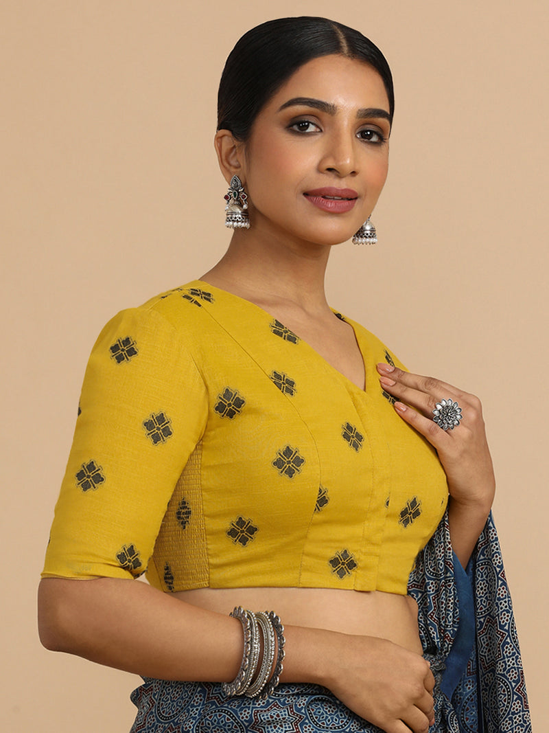 Lasya x Rozaana | Elbow Sleeves Saree Blouse in Yellow Jacquard Cotton-Binks