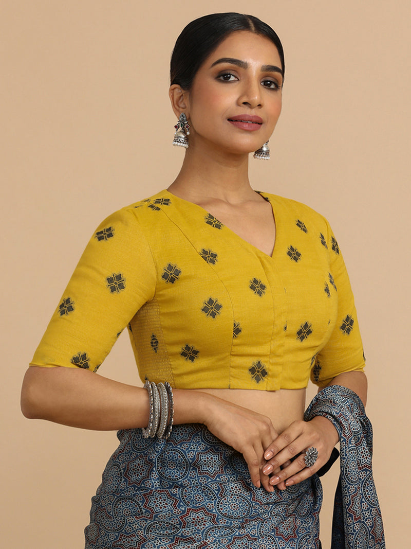 Lasya x Rozaana | Elbow Sleeves Saree Blouse in Yellow Jacquard Cotton-Binks
