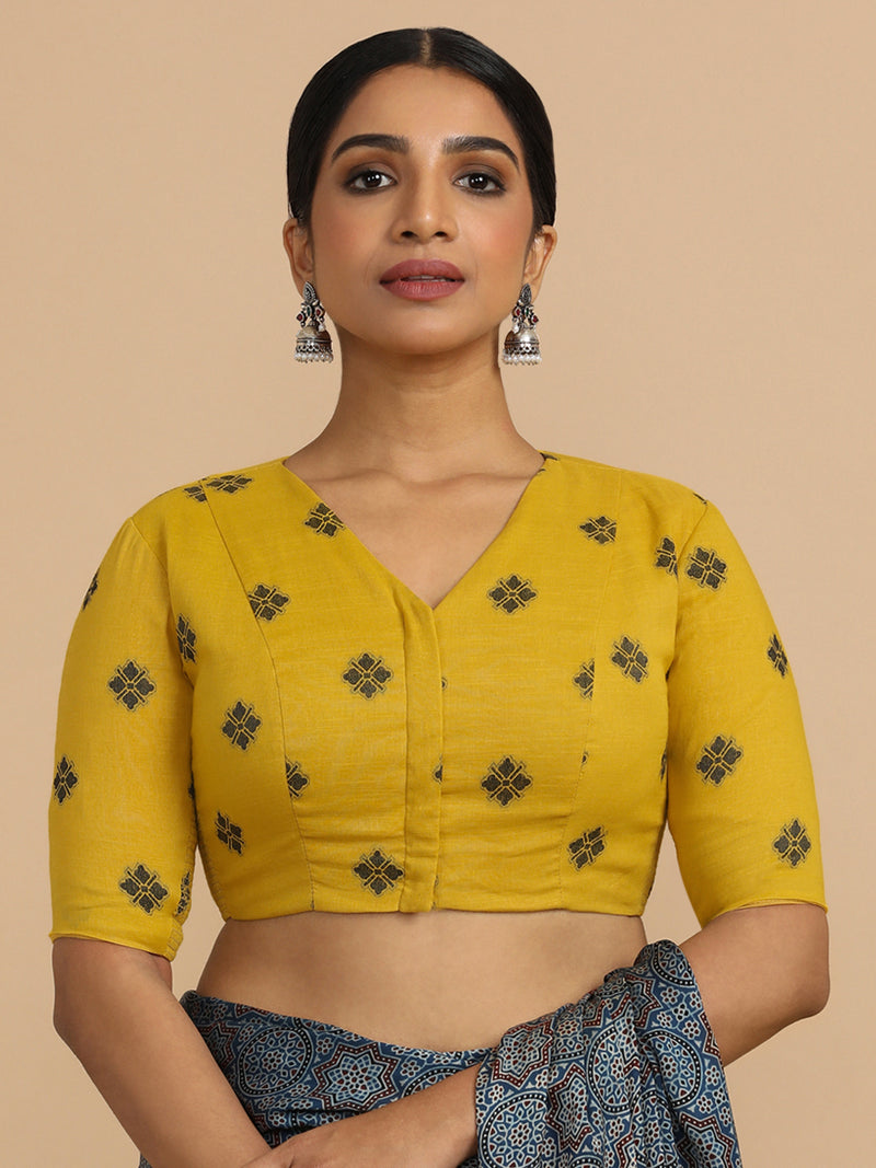 Lasya x Rozaana | Elbow Sleeves Saree Blouse in Yellow Jacquard Cotton-Binks