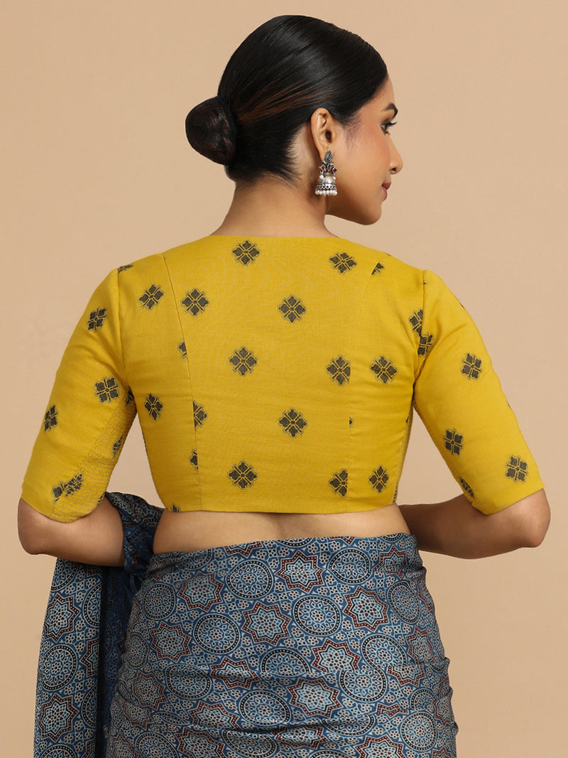 Lasya x Rozaana | Elbow Sleeves Saree Blouse in Yellow Jacquard Cotton-Binks
