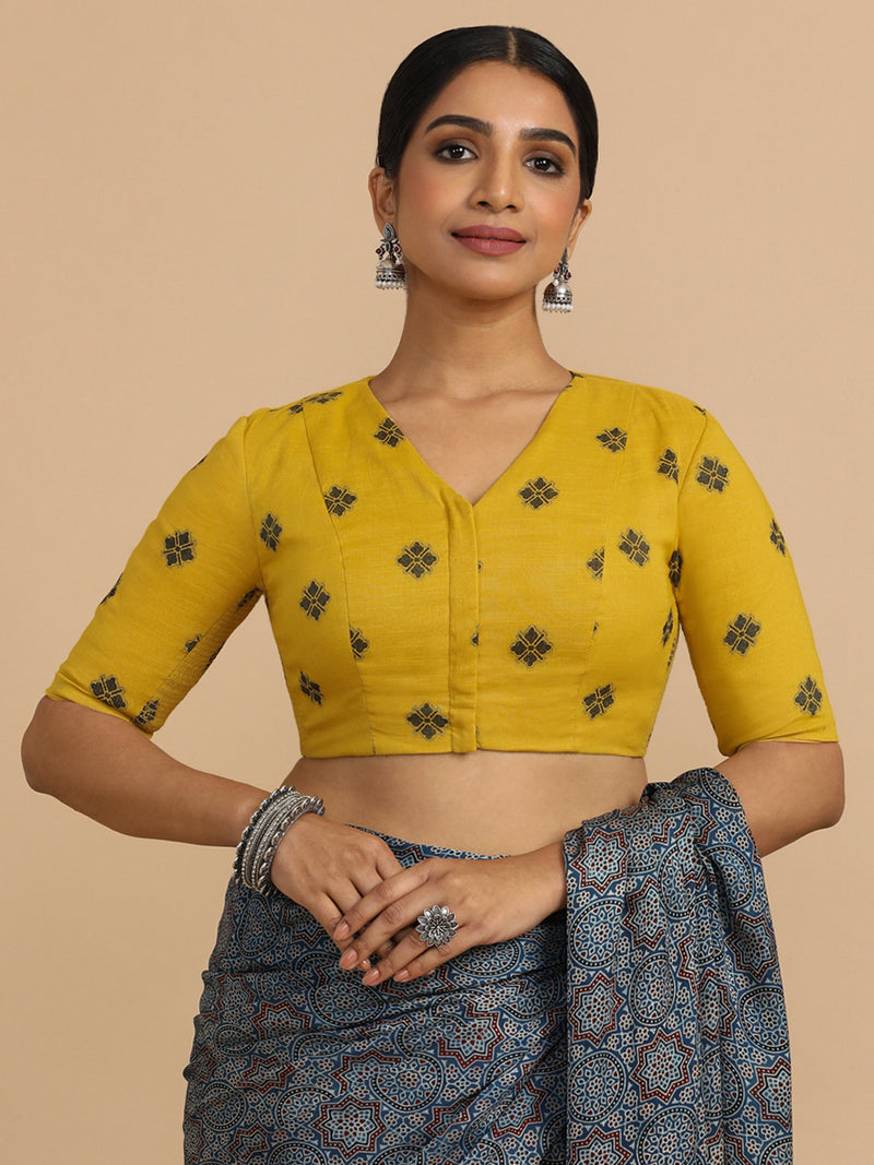 Lasya x Rozaana | Elbow Sleeves Saree Blouse in Yellow Jacquard Cotton-Binks