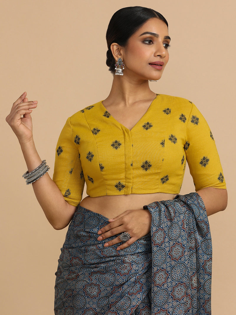 Lasya x Rozaana | Elbow Sleeves Saree Blouse in Yellow Jacquard Cotton-Binks