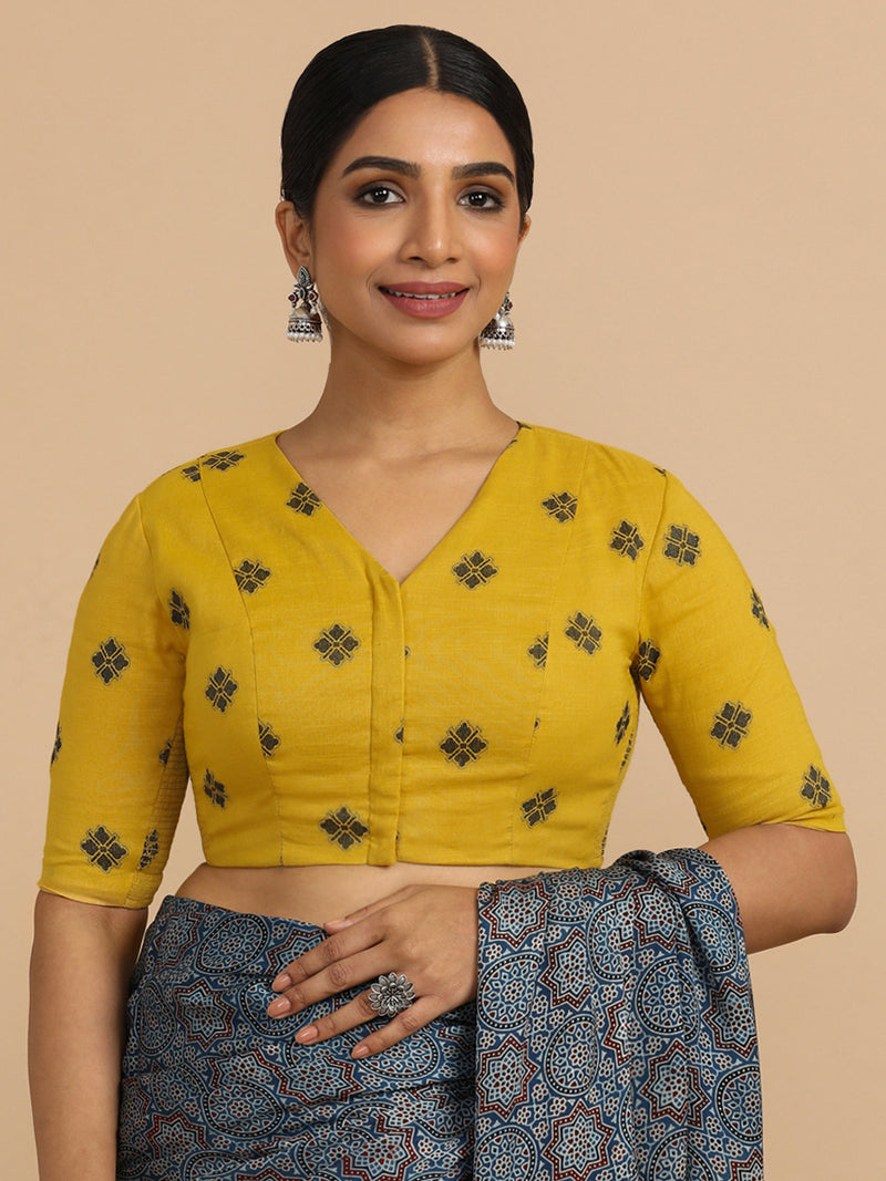 Lasya x Rozaana | Elbow Sleeves Saree Blouse in Yellow Jacquard Cotton-Binks